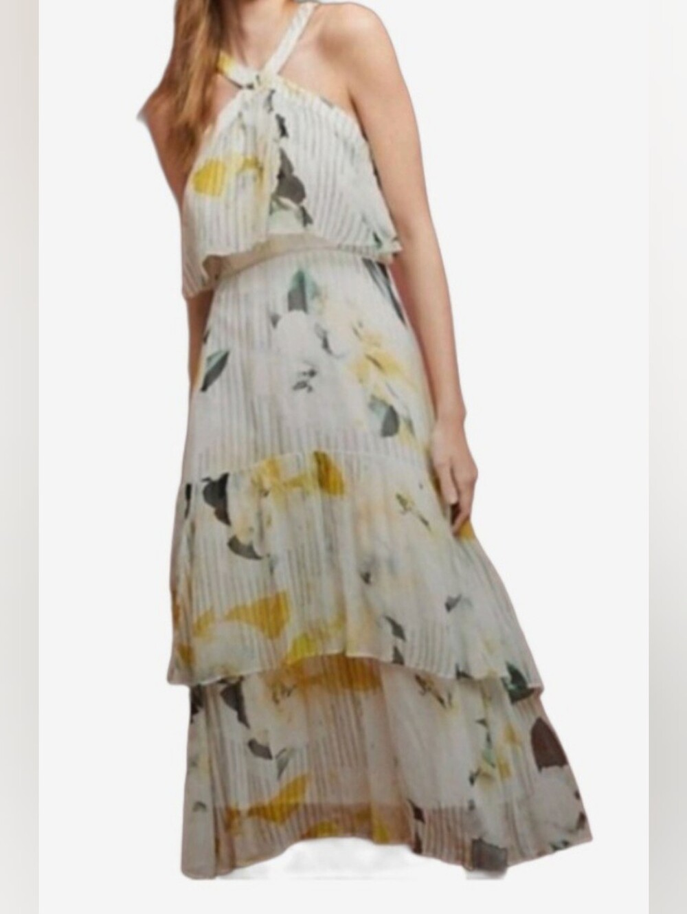Pleated Floral High-Low Maxi Dress - Yellow & Green